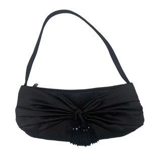 Vintage La Regale 
Satin black evening bag clutch with crystals & tassels.
